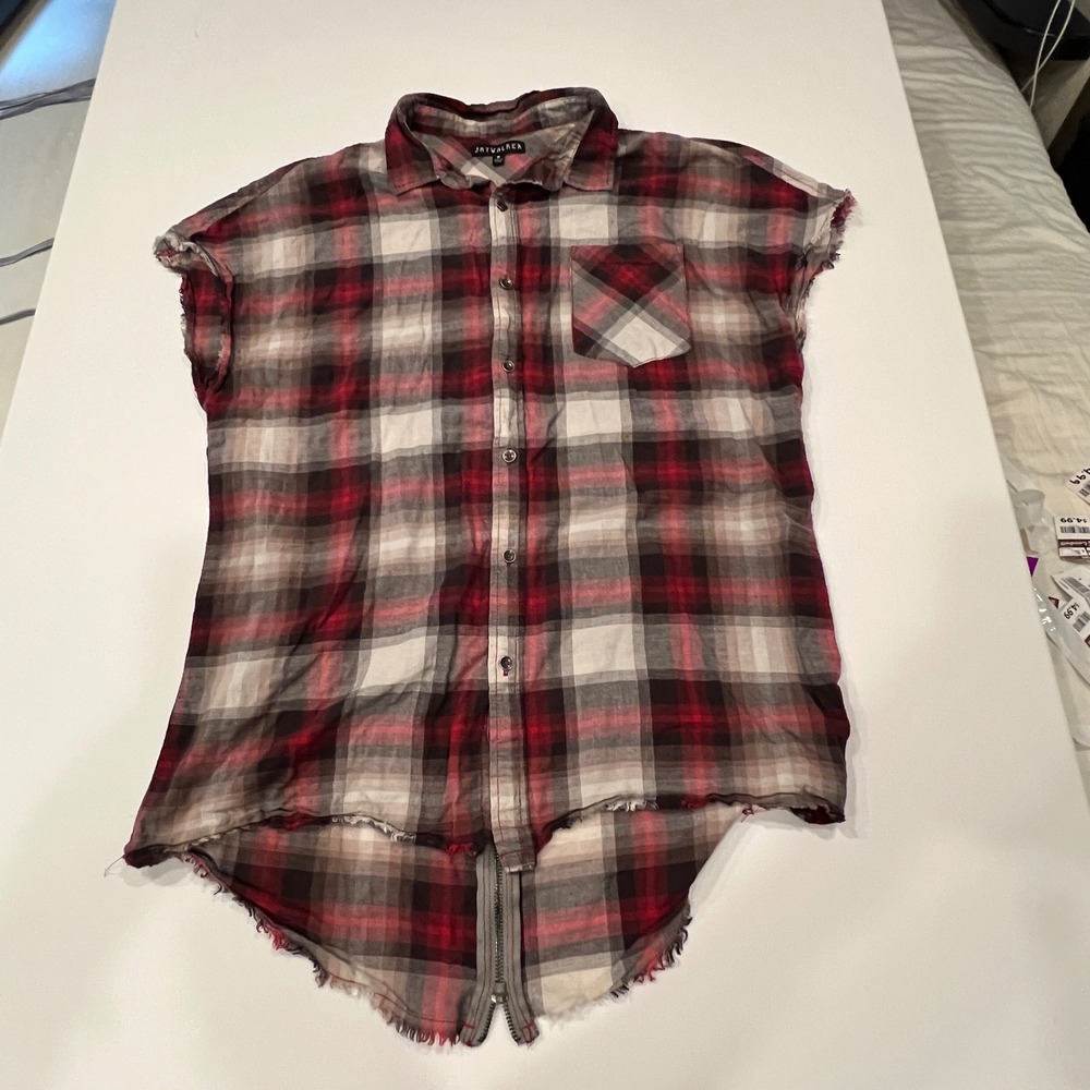 Jaywalker Mens M Red Plaid Sleeveless Shirt Zip Back Raw Hem Grunge Punk